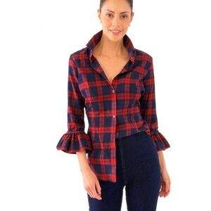 Gretchen Scott Designs Duke of York Priss Plaid Ruffle-Sleeve Button Down Large